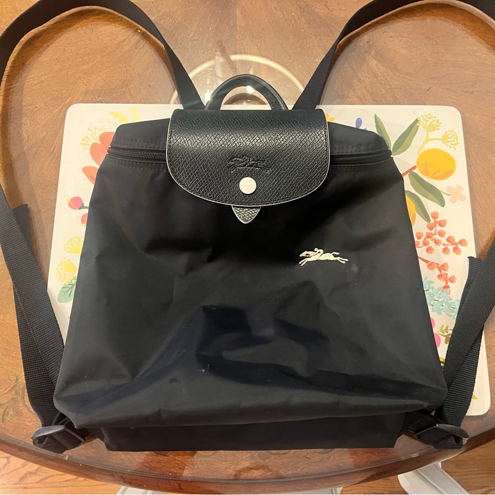 Longchamp Le Pliage Medium Backpack - Black Nylon and Leather